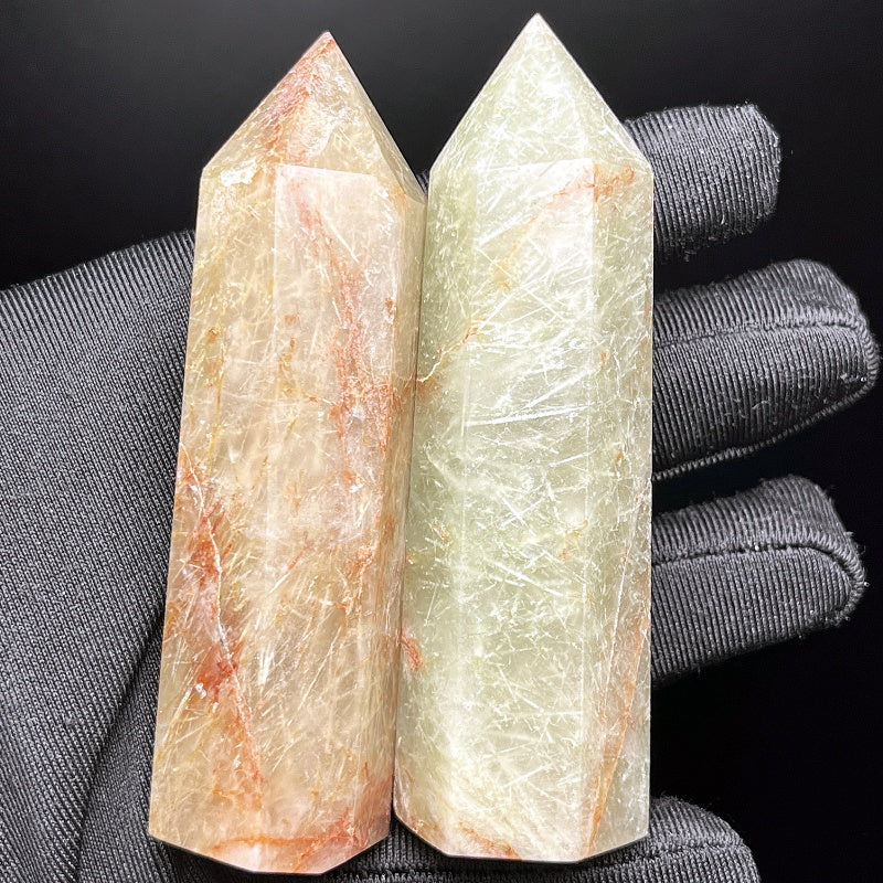 Natural Green hair crystal single pointed pillar Heal ing Gemstone Home Decor