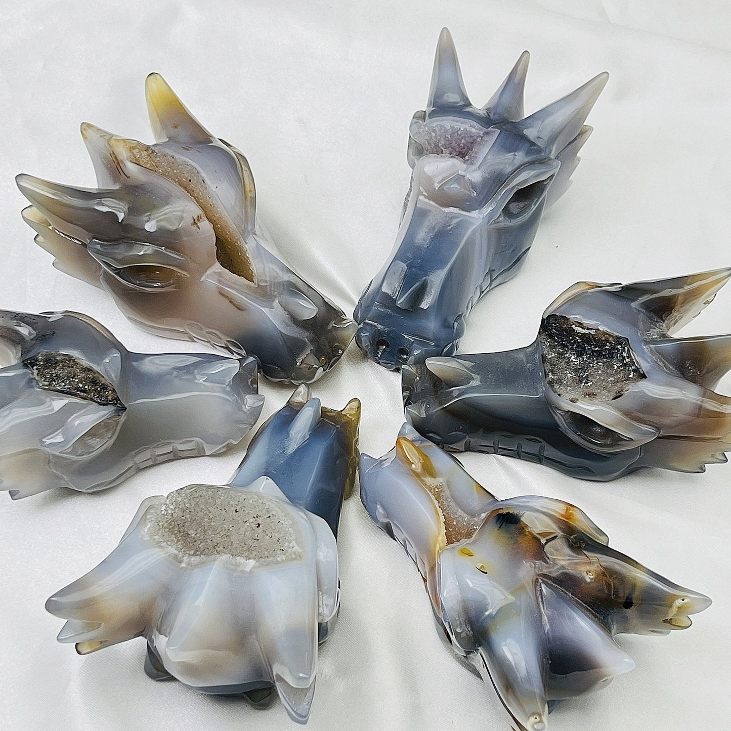 Natural Crystal Cave Agate Carving Dragon Head Heal ing Gemstone Home Decor