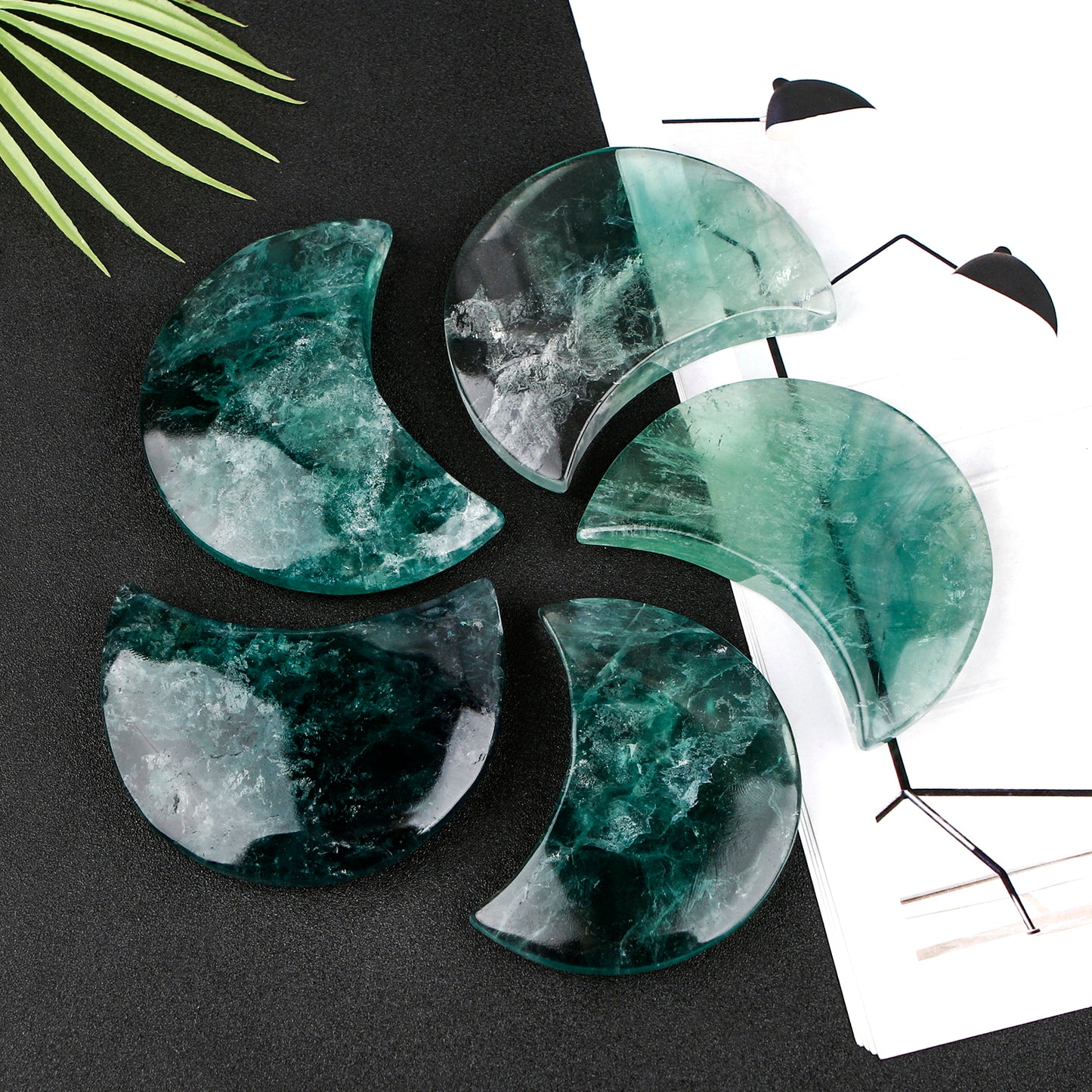 Natural Green fluorite carving moon Heal ing Gemstone Home Decor