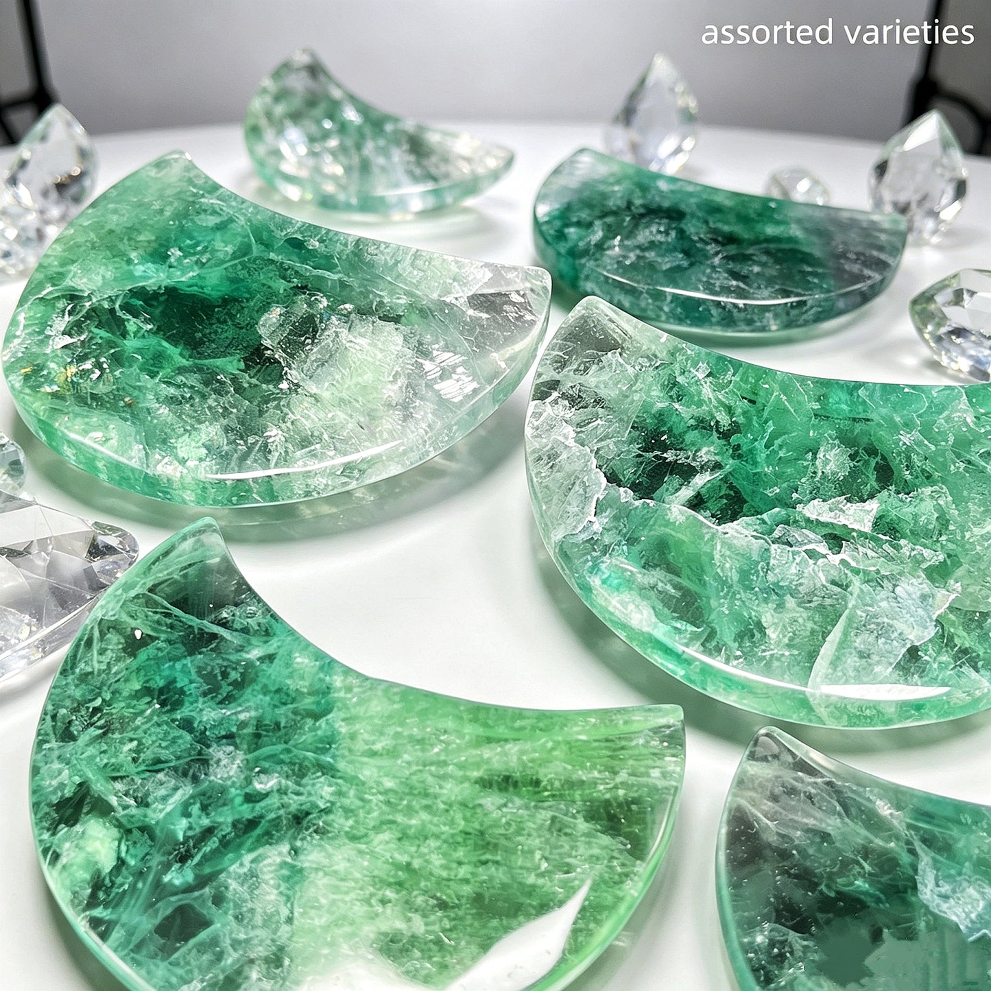 Natural Green fluorite carving moon Heal ing Gemstone Home Decor