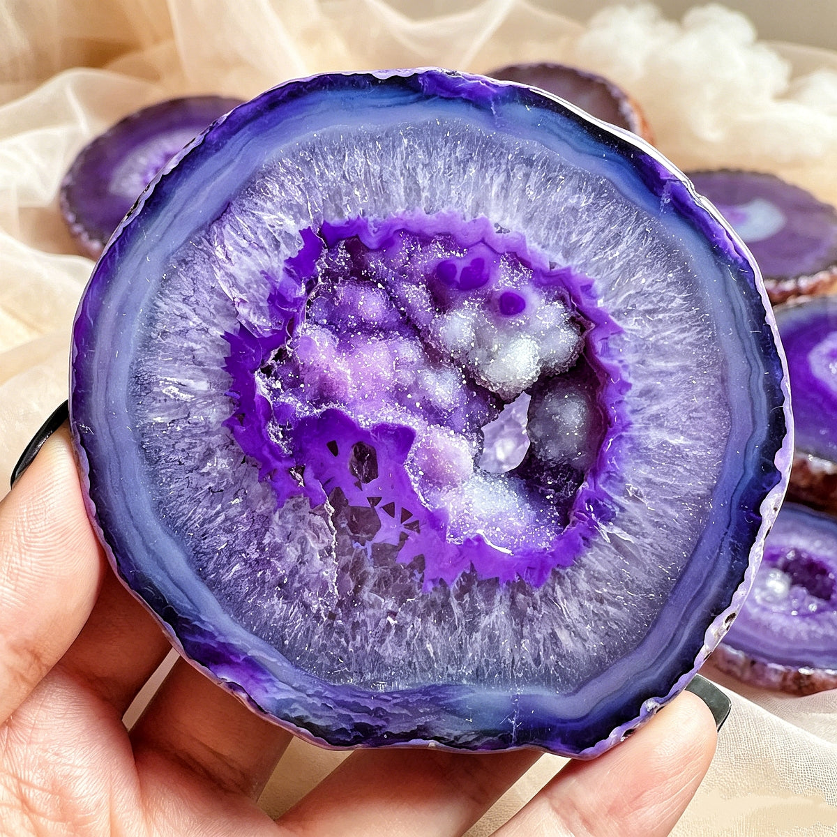 Natural Crystal Cave Purple Wrapped Silk Agate Slices Heal ing Gemstone Home Decor