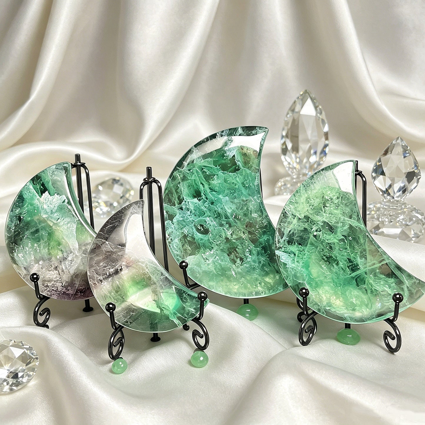 Natural Green fluorite carving moon Heal ing Gemstone Home Decor