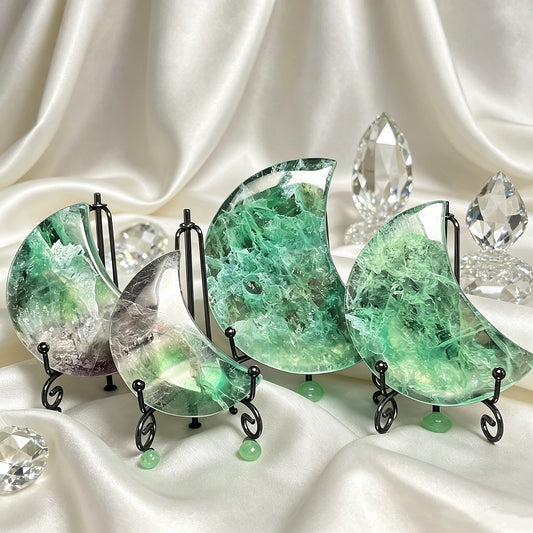 Natural Green fluorite carving moon Heal ing Gemstone Home Decor