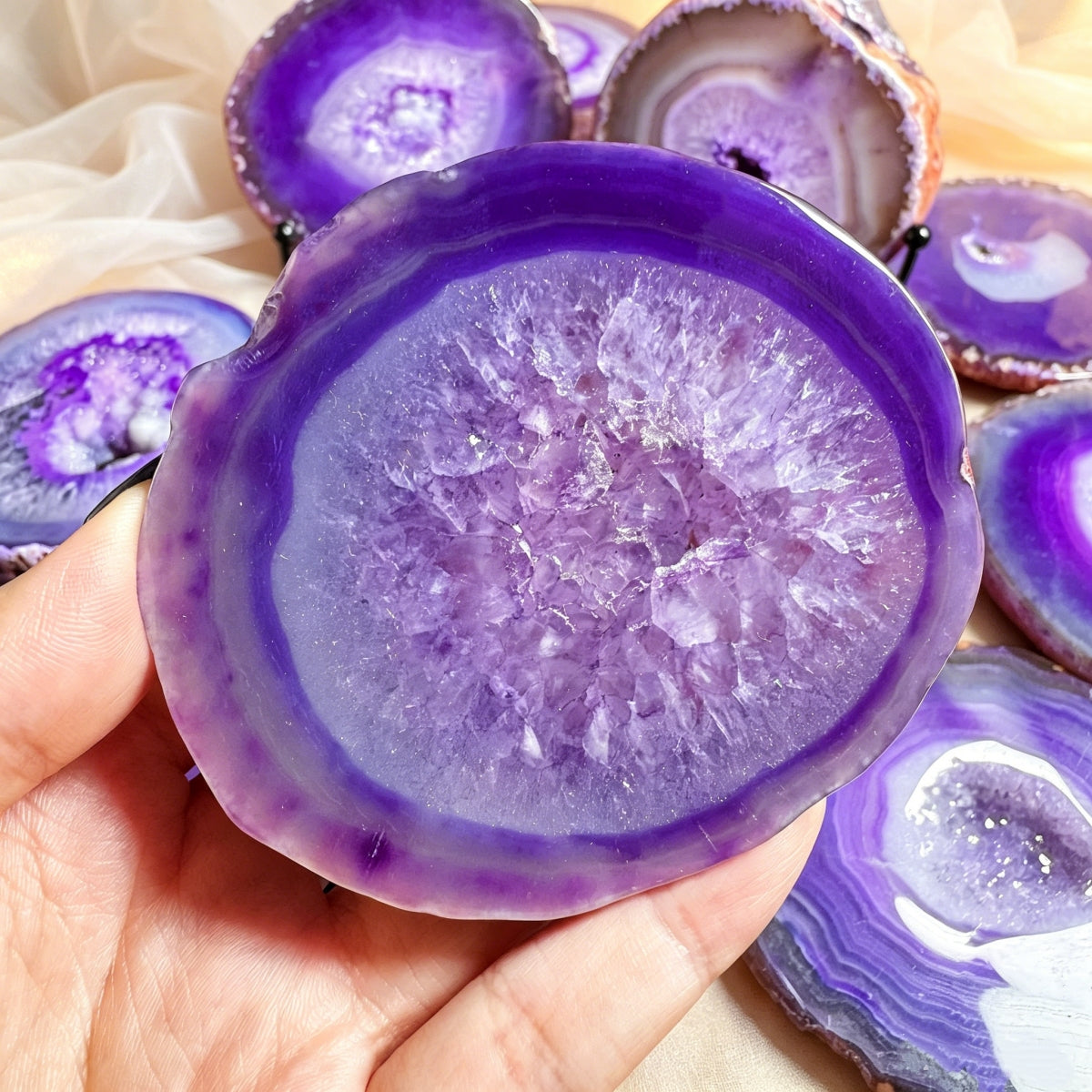 Natural Crystal Cave Purple Wrapped Silk Agate Slices Heal ing Gemstone Home Decor