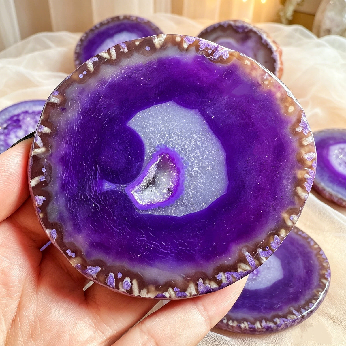 Natural Crystal Cave Purple Wrapped Silk Agate Slices Heal ing Gemstone Home Decor