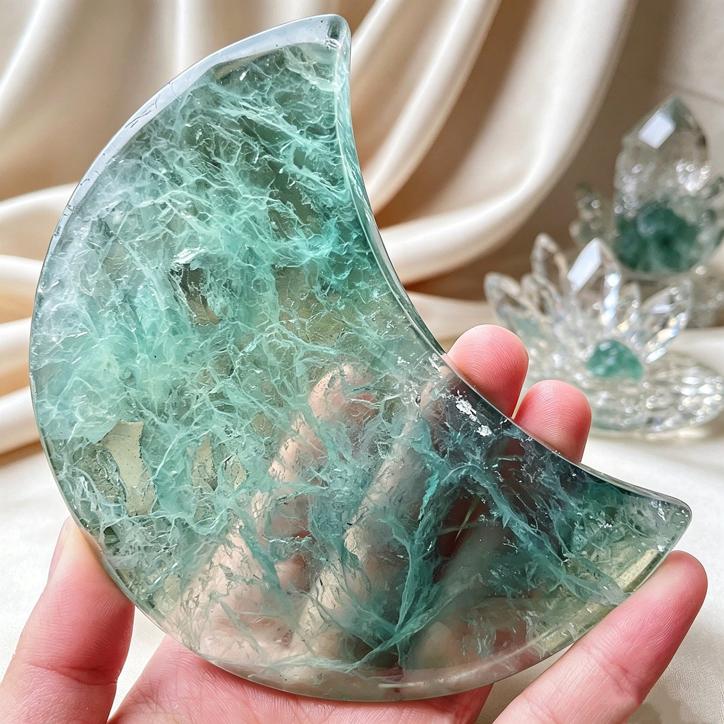 Natural Green fluorite carving moon Heal ing Gemstone Home Decor