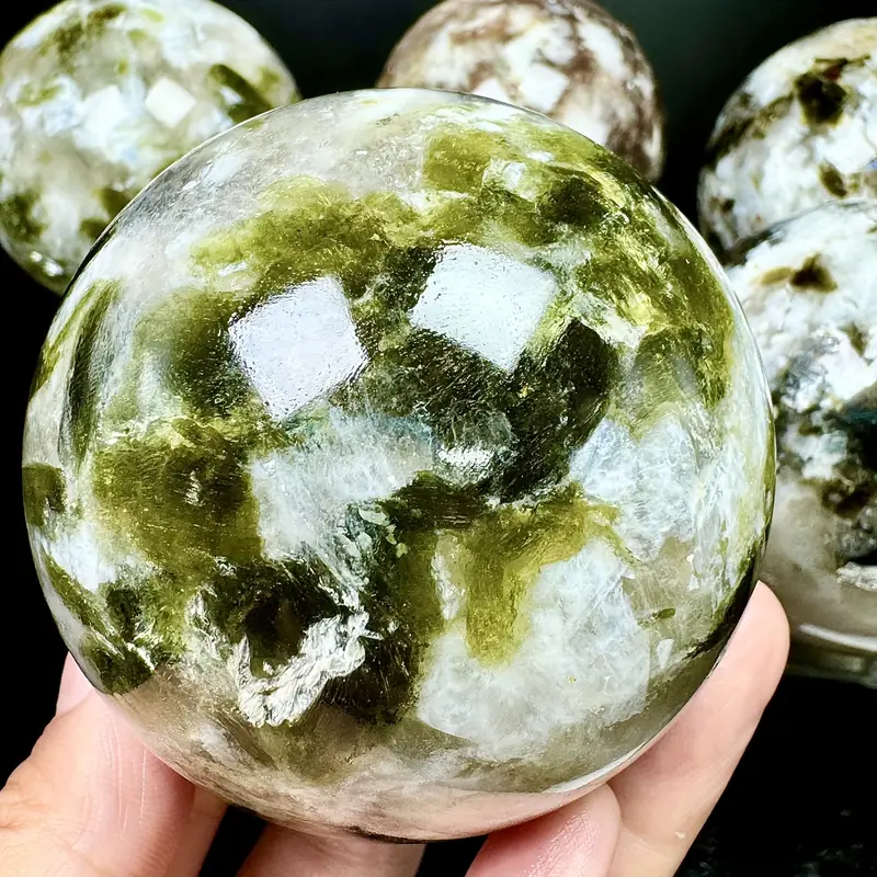 Natural Moonstone Green Tourmaline Sphere Healing Energy Ball Meditation Home Decor Gift