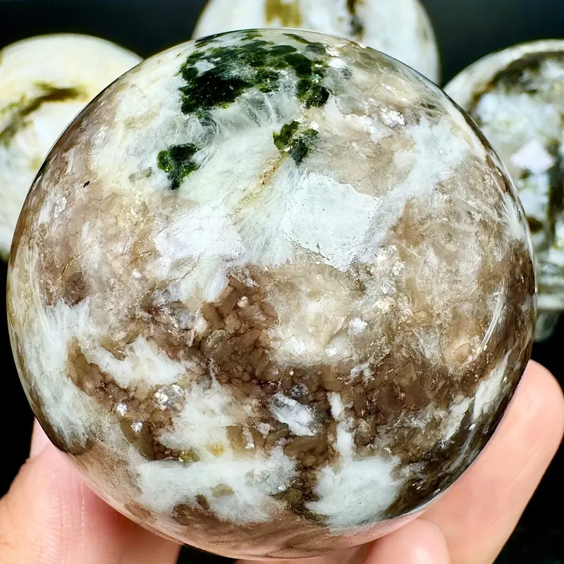 Natural Moonstone Green Tourmaline Sphere Healing Energy Ball Meditation Home Decor Gift