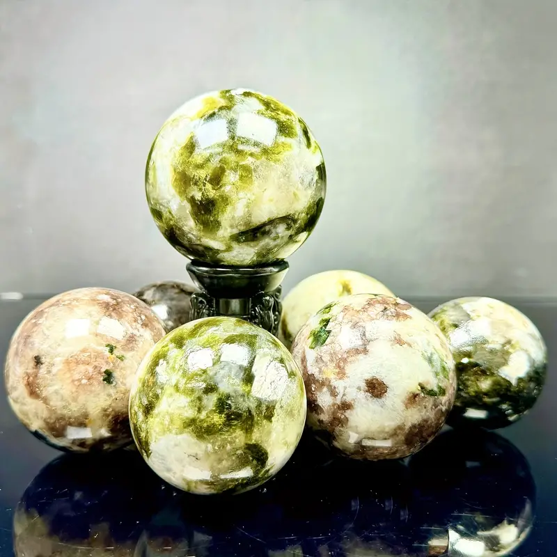 Natural Moonstone Green Tourmaline Sphere Healing Energy Ball Meditation Home Decor Gift