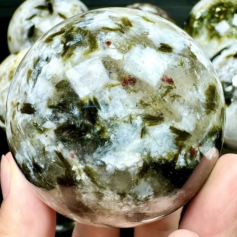 Natural Moonstone Green Tourmaline Sphere Healing Energy Ball Meditation Home Decor Gift