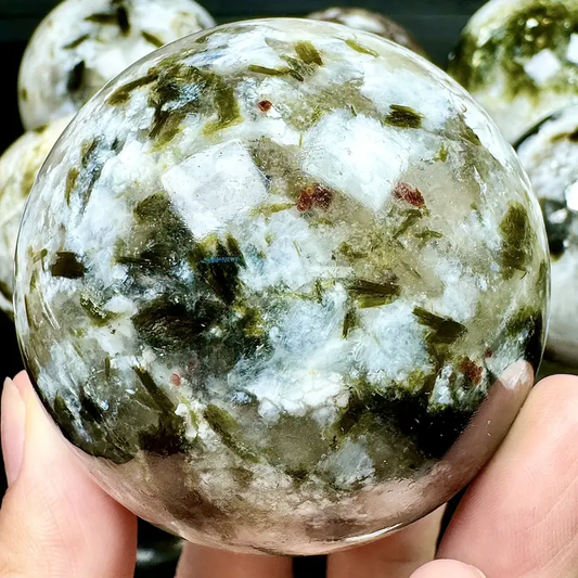 Natural Moonstone Green Tourmaline Sphere Healing Energy Ball Meditation Home Decor Gift