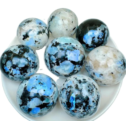 Natural Blue Flashy Moonstone Sphere Healing Energy Ball Meditation Home Decor Gift