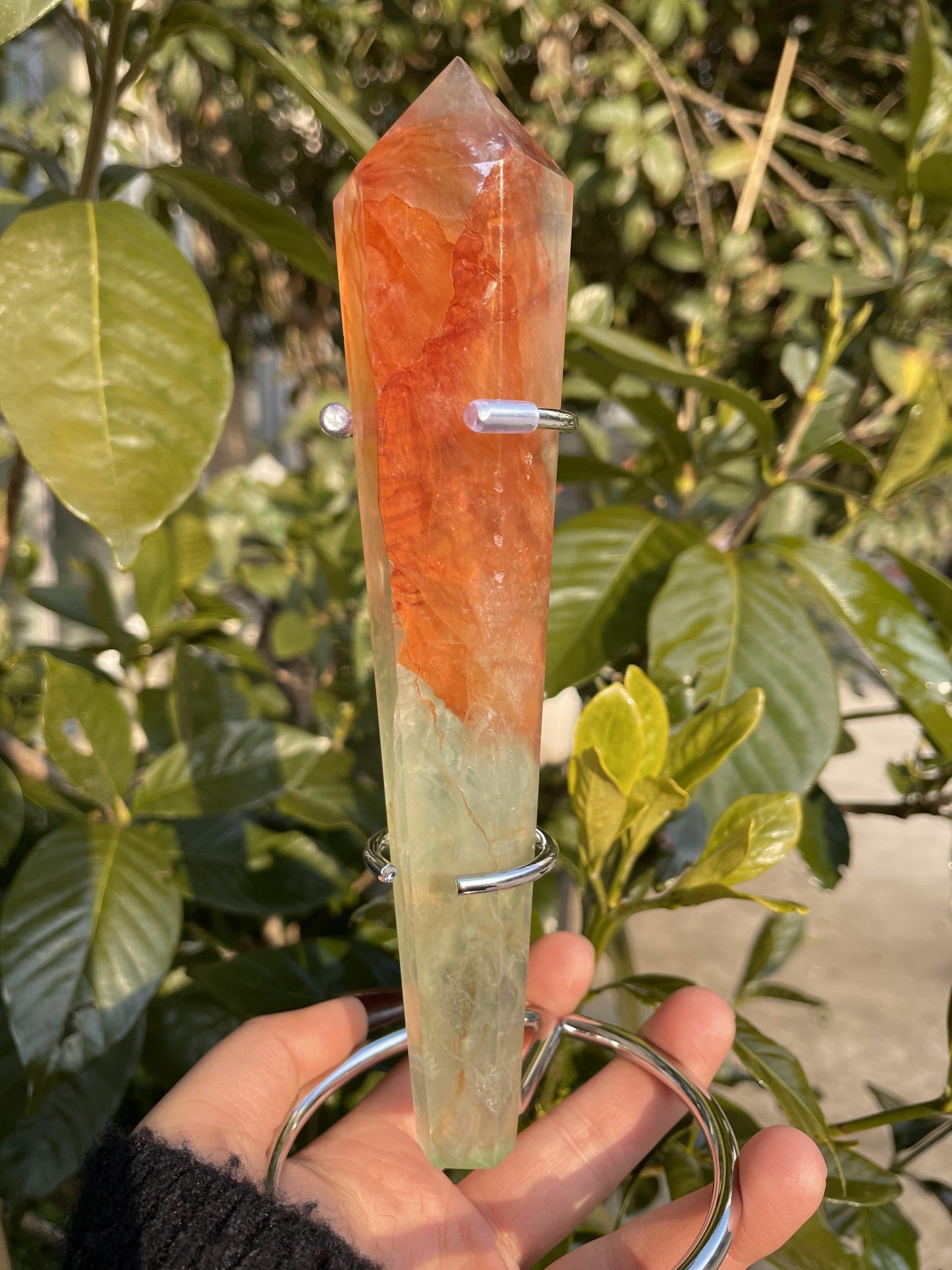 green fluorite with fire quartz wand