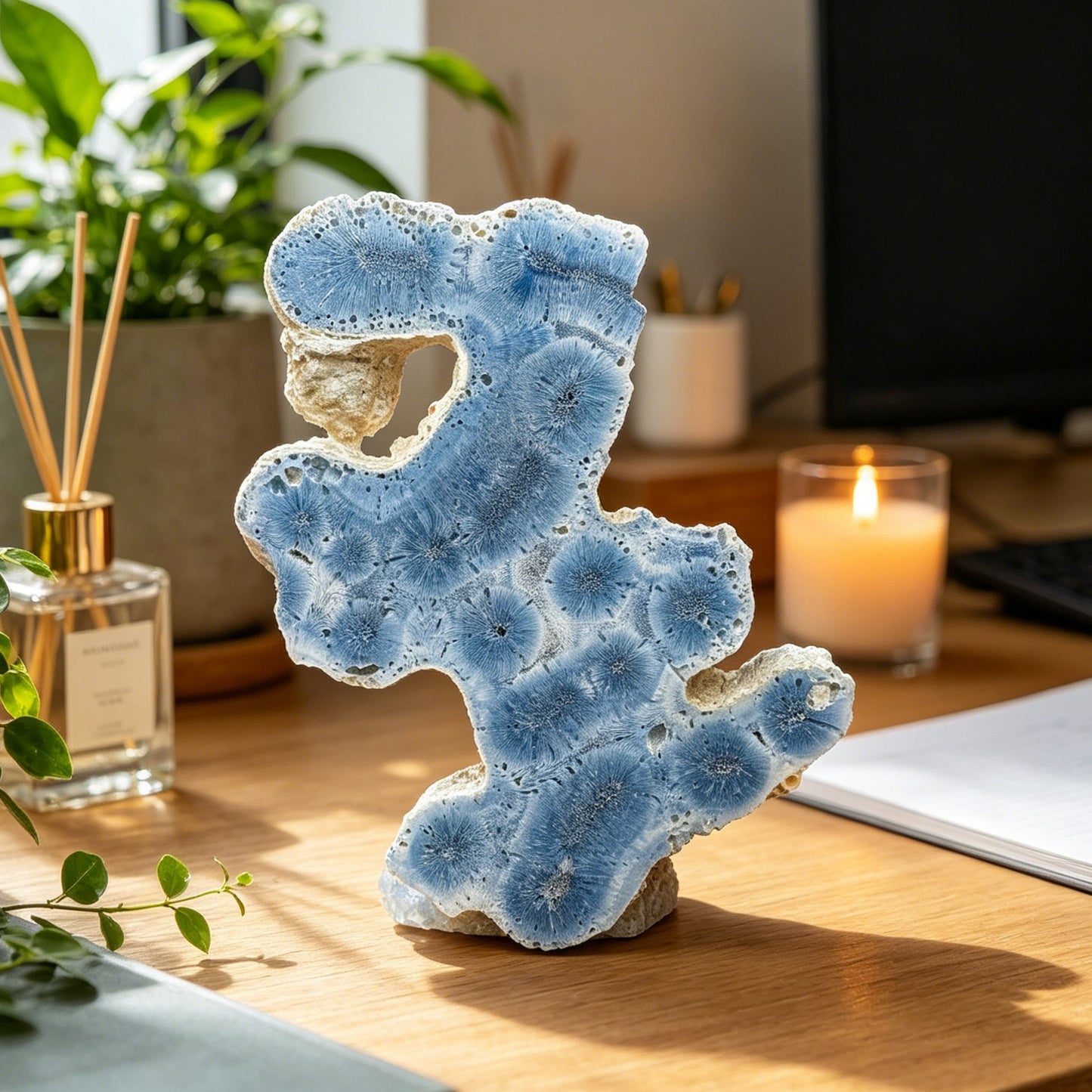 Natural Blue Ocean Stone Flower Shape Sheet Heal ing Gemstone Home Decor