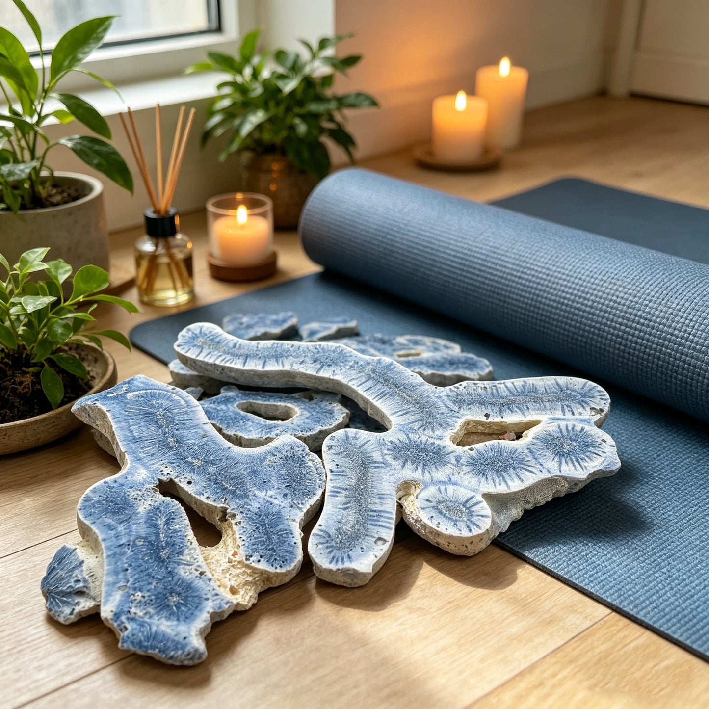 Natural Blue Ocean Stone Flower Shape Sheet Heal ing Gemstone Home Decor