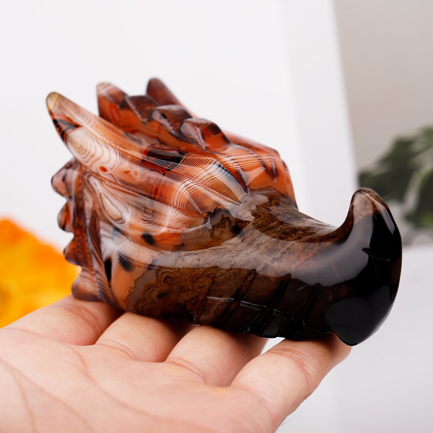 Natural Black and red wrapped agate carved dragon head Heal ing Gemstone Home Decor