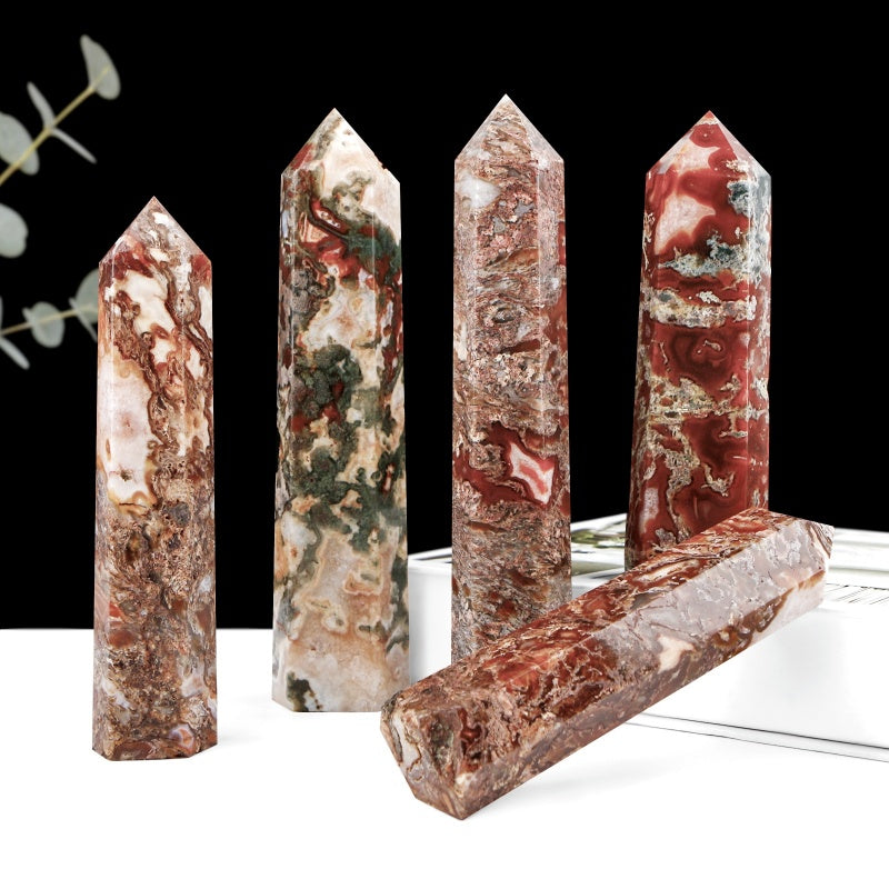Natural Red water grass agate single pointed column Heal ing Gemstone Home Decor