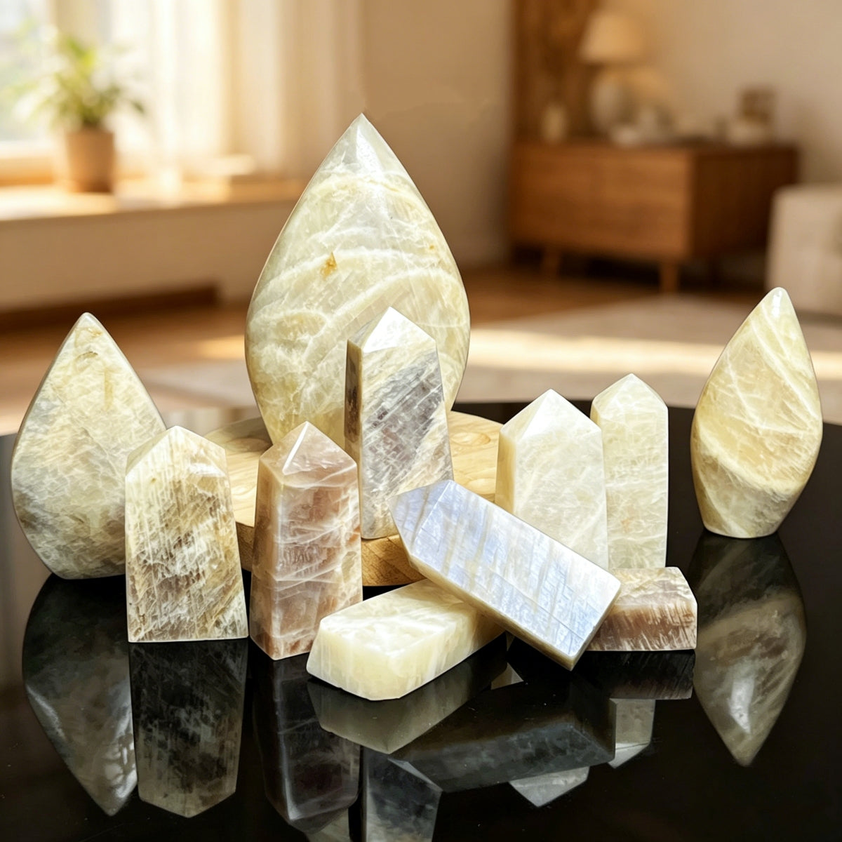 Natural Moonlight Stone Square Column Heal ing Gemstone Home Decor