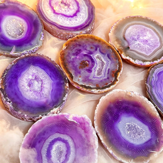 Natural Crystal Cave Purple Wrapped Silk Agate Slices Heal ing Gemstone Home Decor
