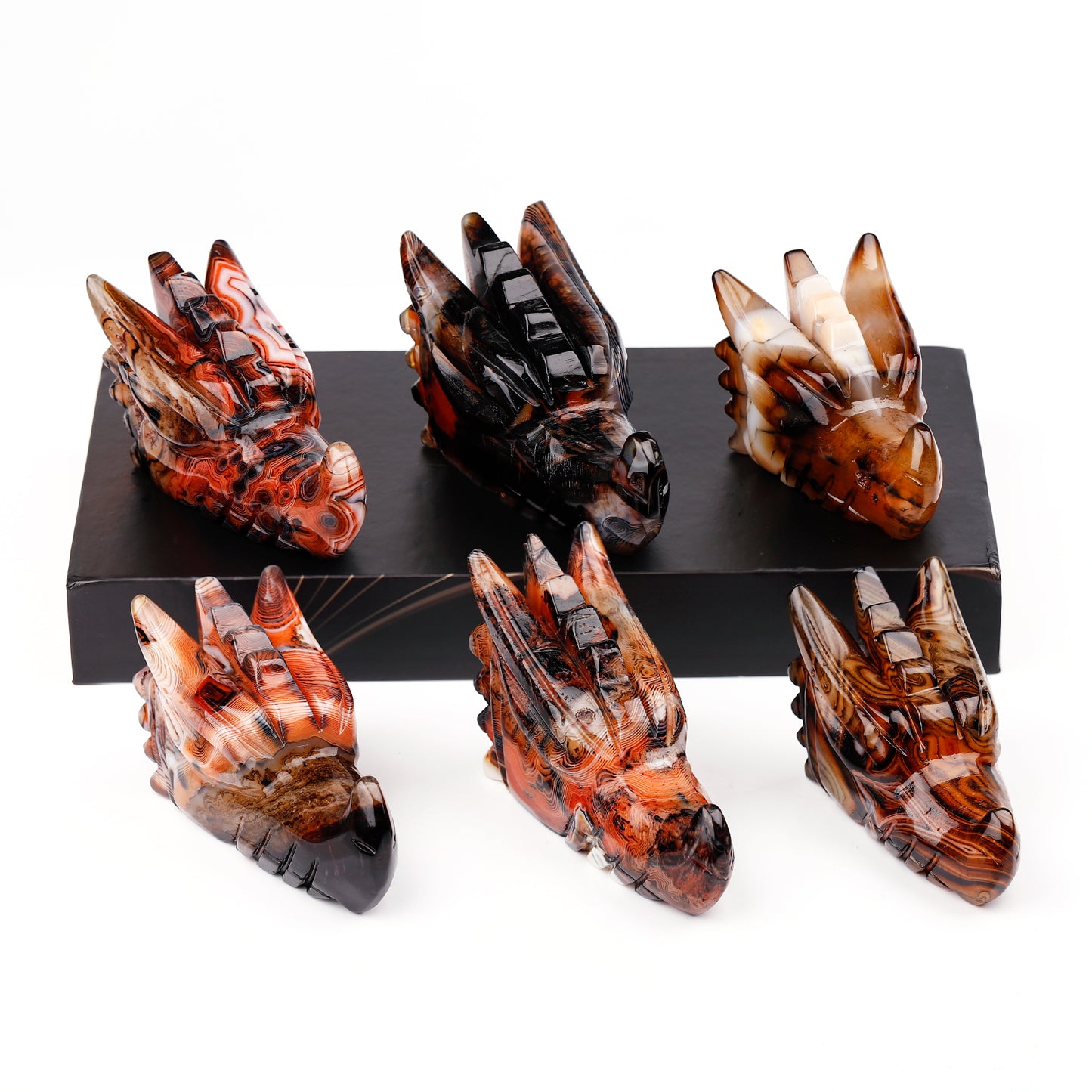 Natural Black and red wrapped agate carved dragon head Heal ing Gemstone Home Decor