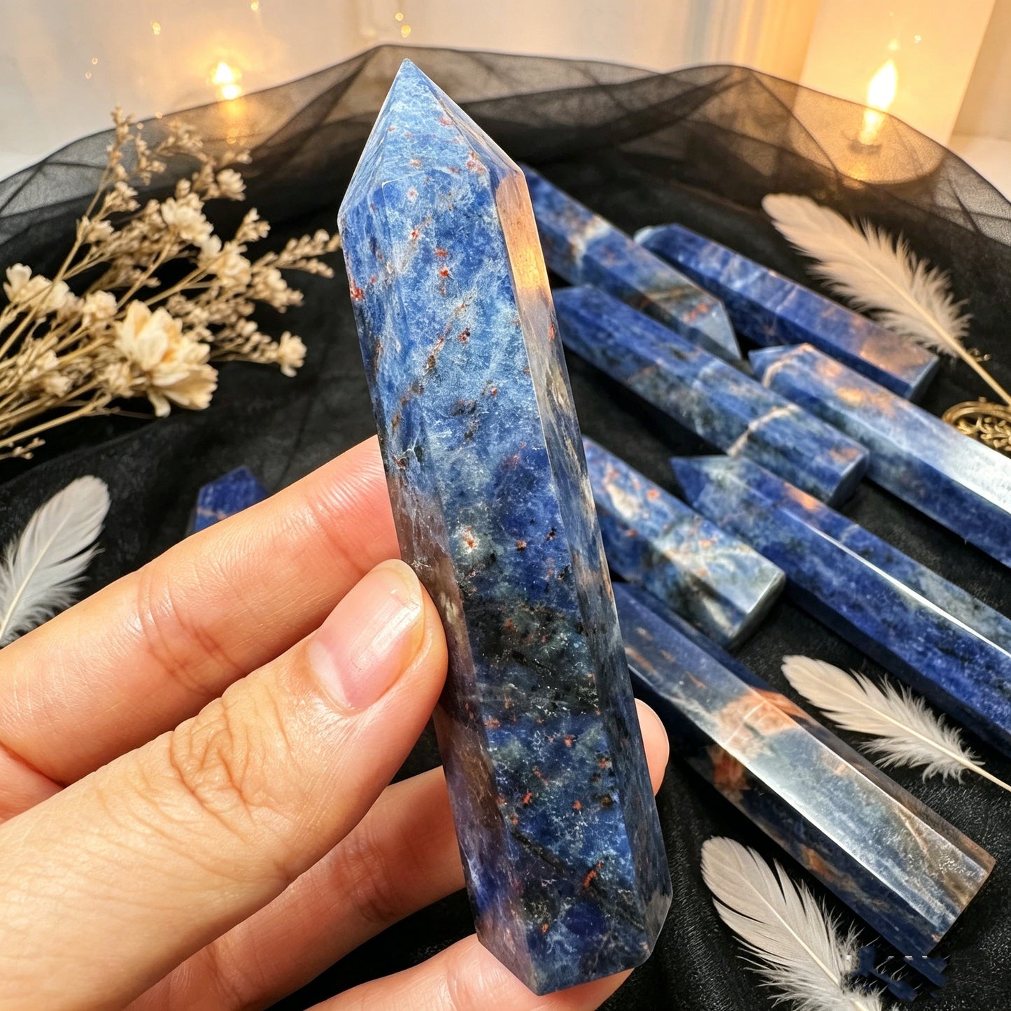 Natural Blue patterned stone single pointed column Heal ing Gemstone Home Decor
