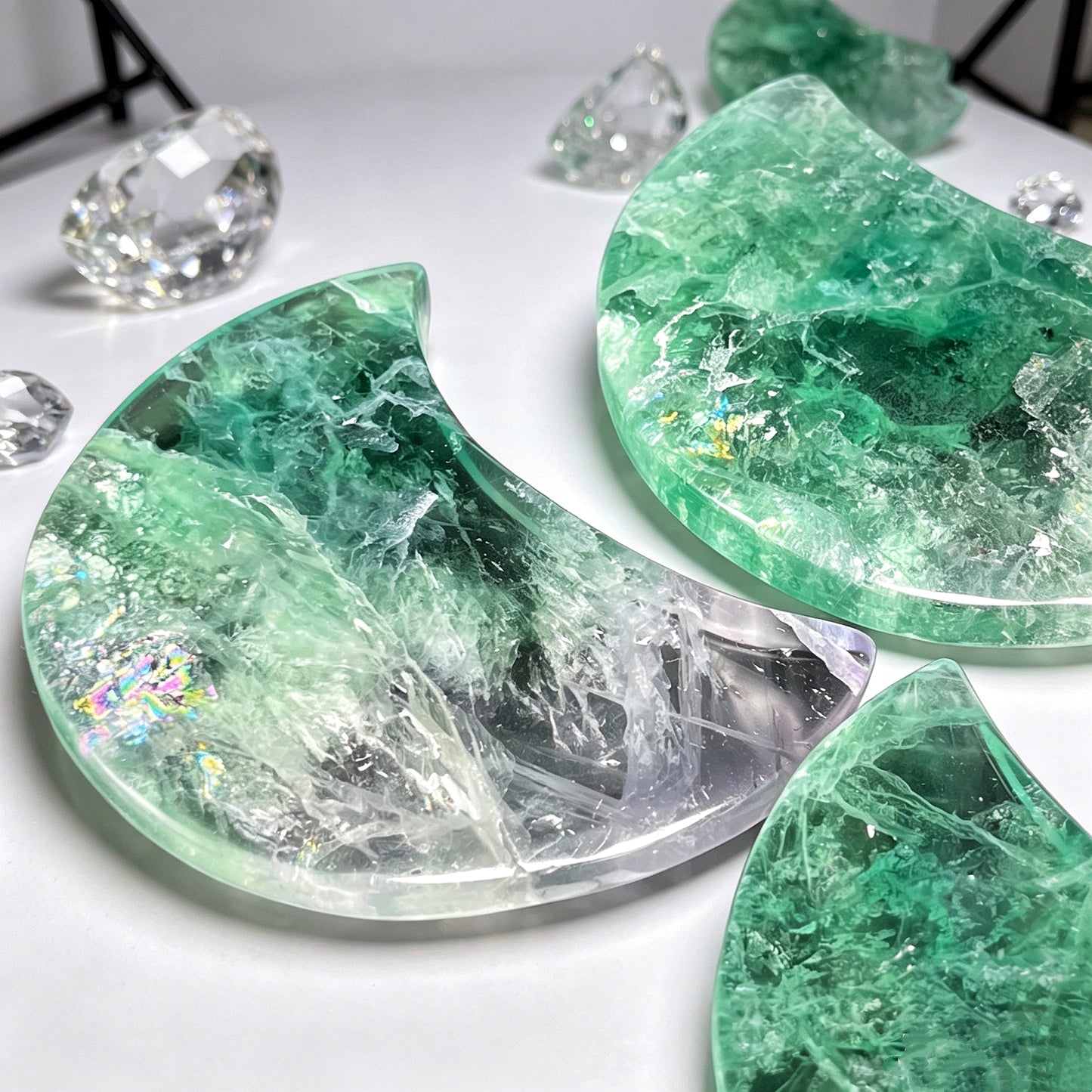Natural Green fluorite carving moon Heal ing Gemstone Home Decor