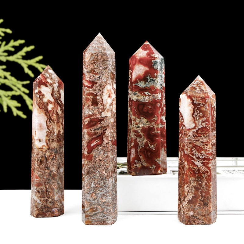 Natural Red water grass agate single pointed column Heal ing Gemstone Home Decor