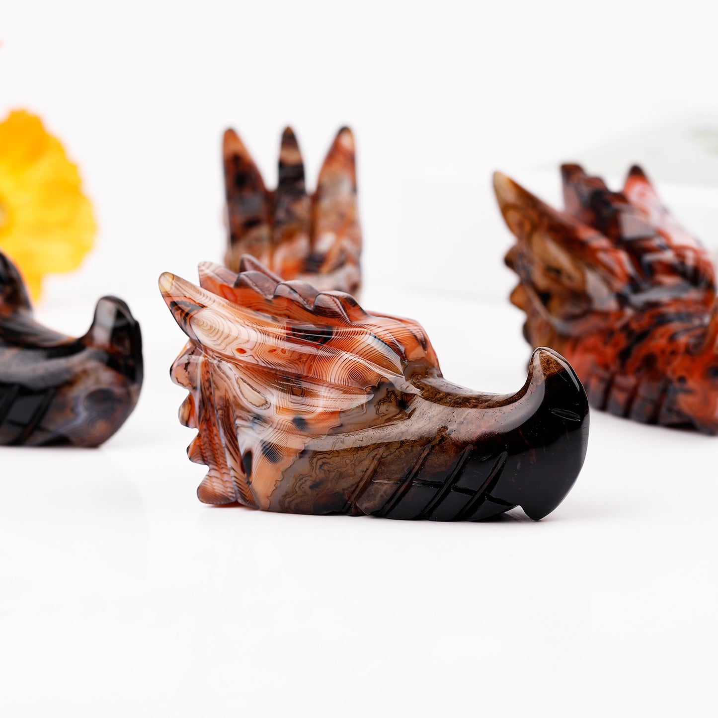 Natural Black and red wrapped agate carved dragon head Heal ing Gemstone Home Decor