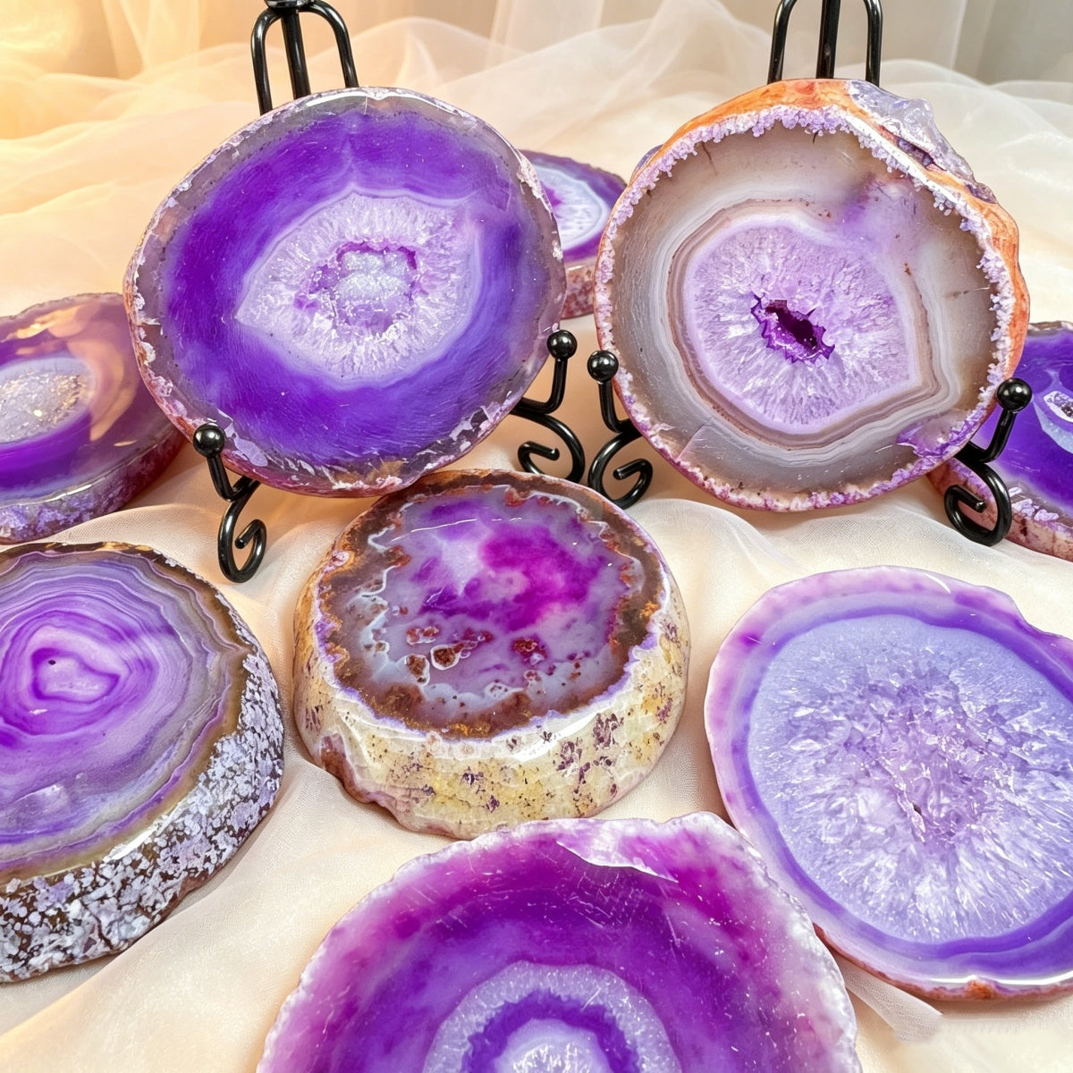 Natural Crystal Cave Purple Wrapped Silk Agate Slices Heal ing Gemstone Home Decor