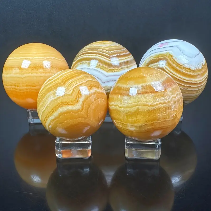 Natural Orange Honey Calcite Sphere Banded Yellow Quartz Crystal Crafts Ball