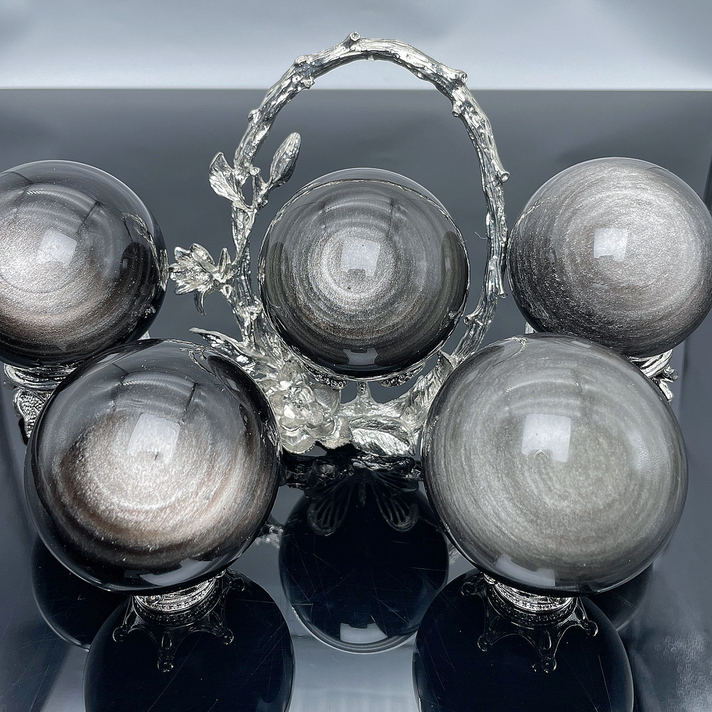 Natural Silver Obsidian Healing Sphere Polished Crystal Crafts Black Stone Ball Home Decoration