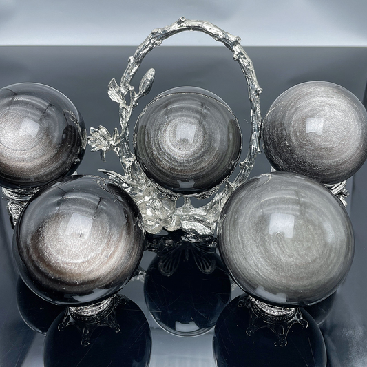 Natural Silver Obsidian Healing Sphere Polished Crystal Crafts Black Stone Ball Home Decoration
