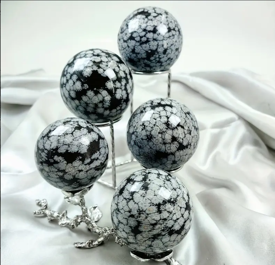 Natural Snowflake Black Obsidian Sphere Polished Healing Crystal Ball