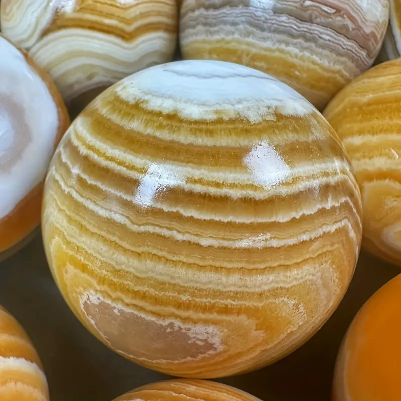 Natural Orange Honey Calcite Sphere Banded Yellow Quartz Crystal Crafts Ball