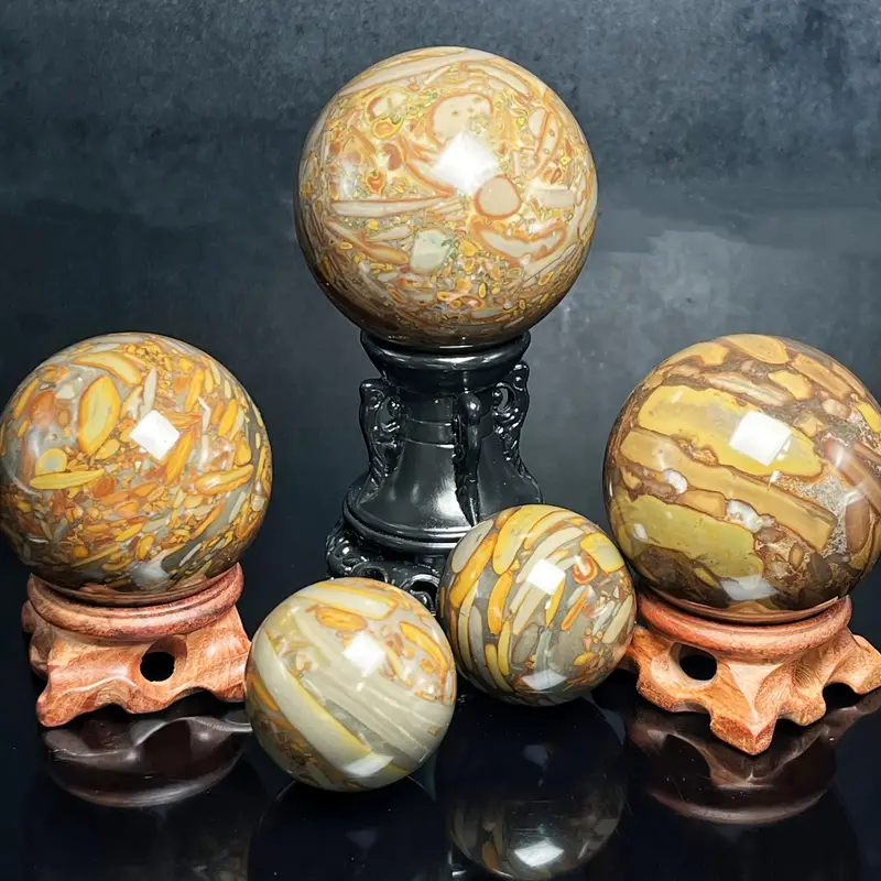 Natural Healing Bamboo Jasper Stone Ball Ornaments Quartz Sphere Crafts for Home Decor Gift