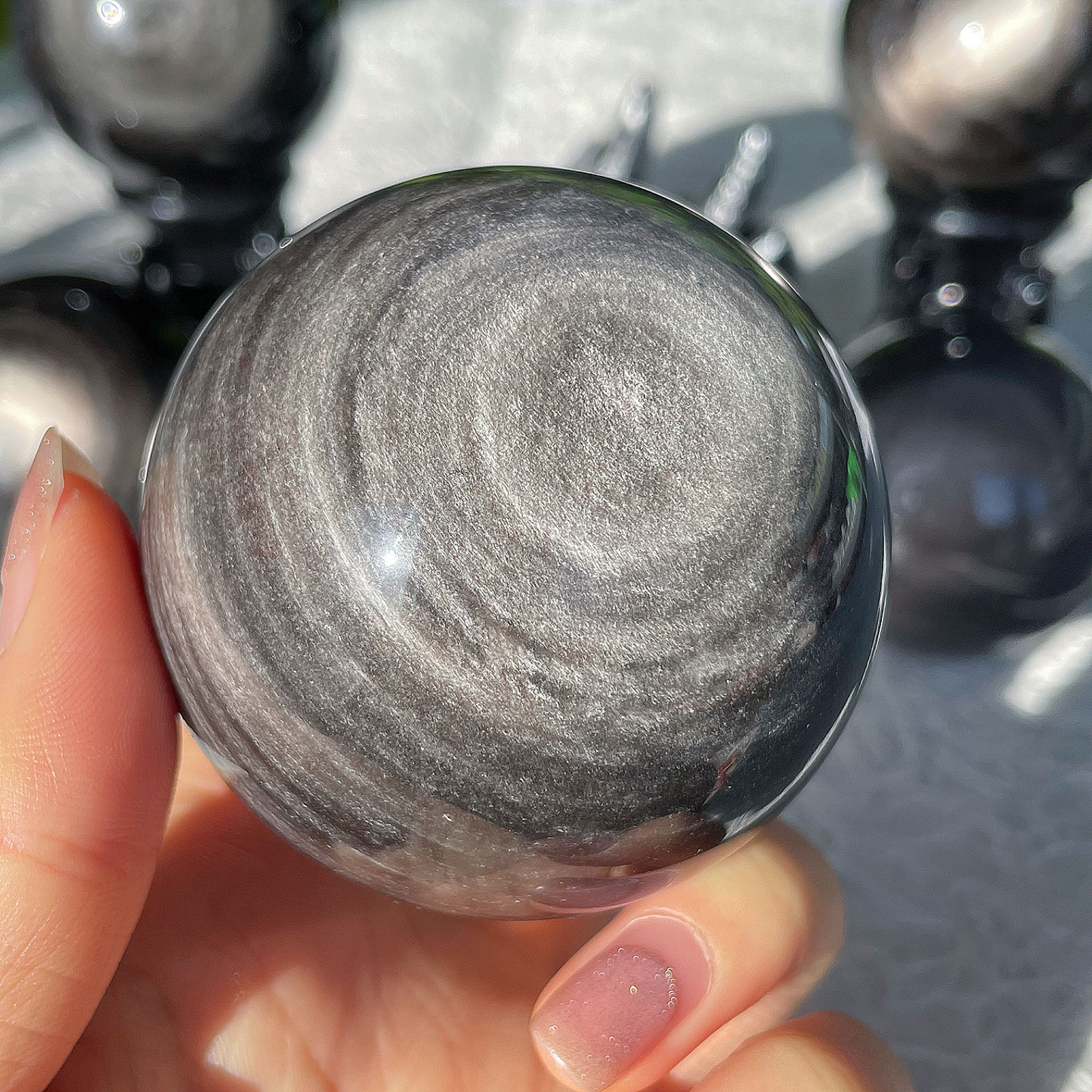 Natural Silver Obsidian Healing Sphere Polished Crystal Crafts Black Stone Ball Home Decoration