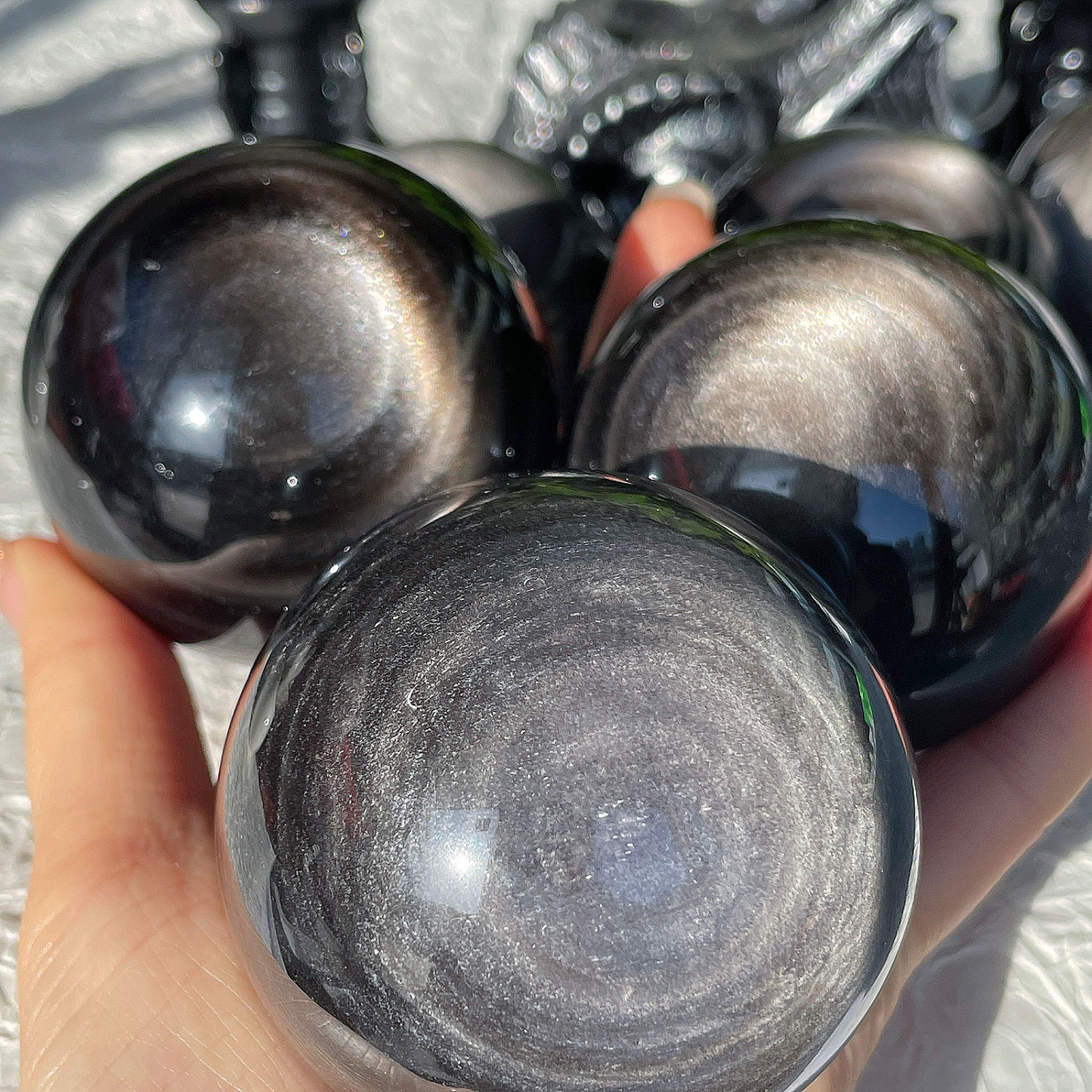 Natural Silver Obsidian Healing Sphere Polished Crystal Crafts Black Stone Ball Home Decoration