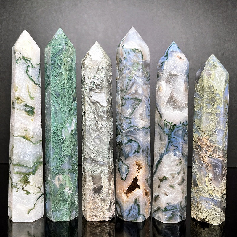 Natural Water grass agate single pointed pillar Heal ing Gemstone Home Decor