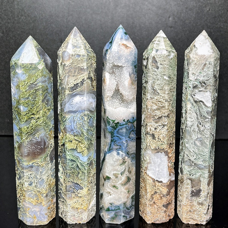 Natural Water grass agate single pointed pillar Heal ing Gemstone Home Decor