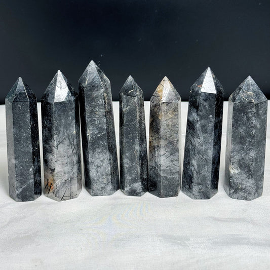Natural Black hair crystal single pointed pillar Heal ing Gemstone Home Decor