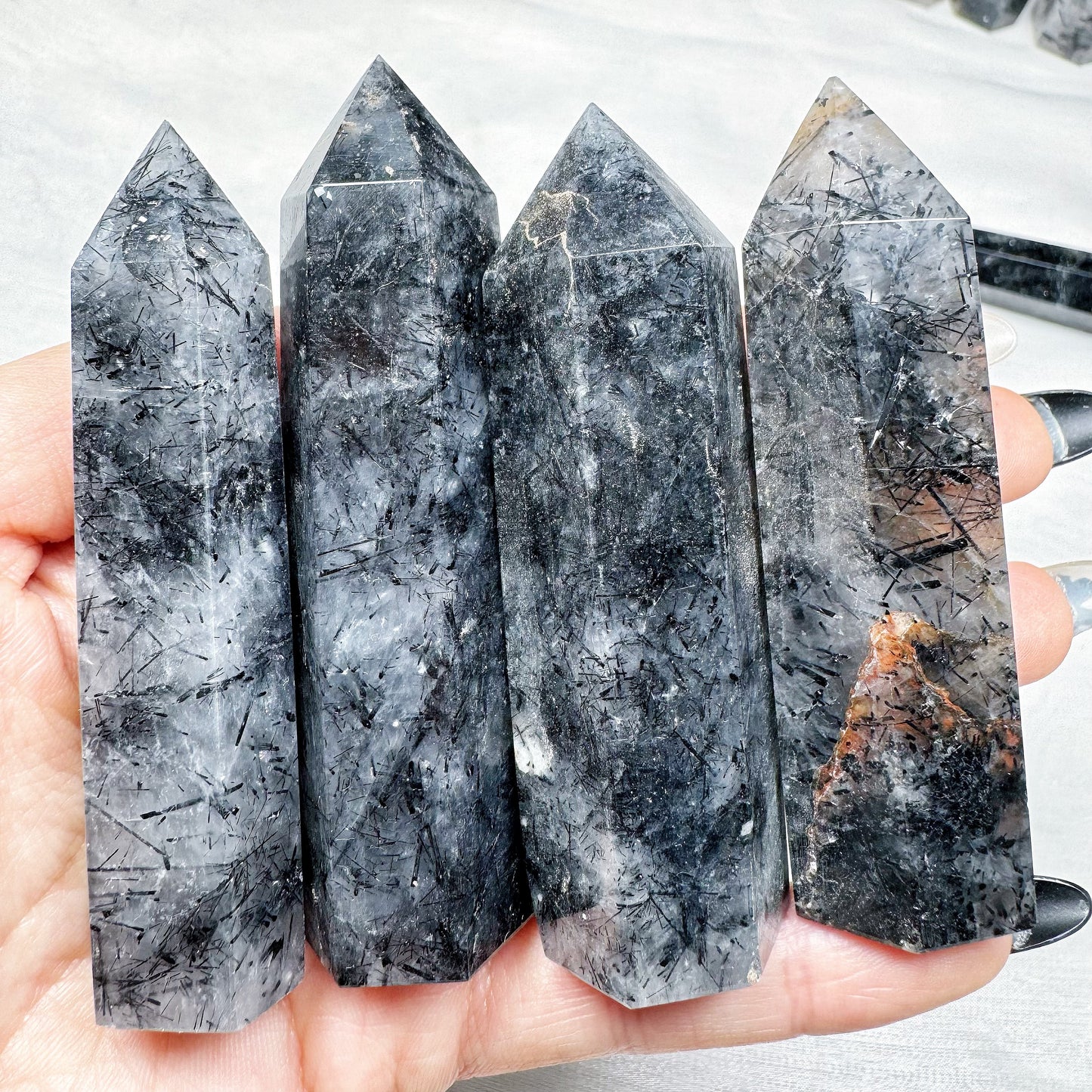 Natural Black hair crystal single pointed pillar Heal ing Gemstone Home Decor