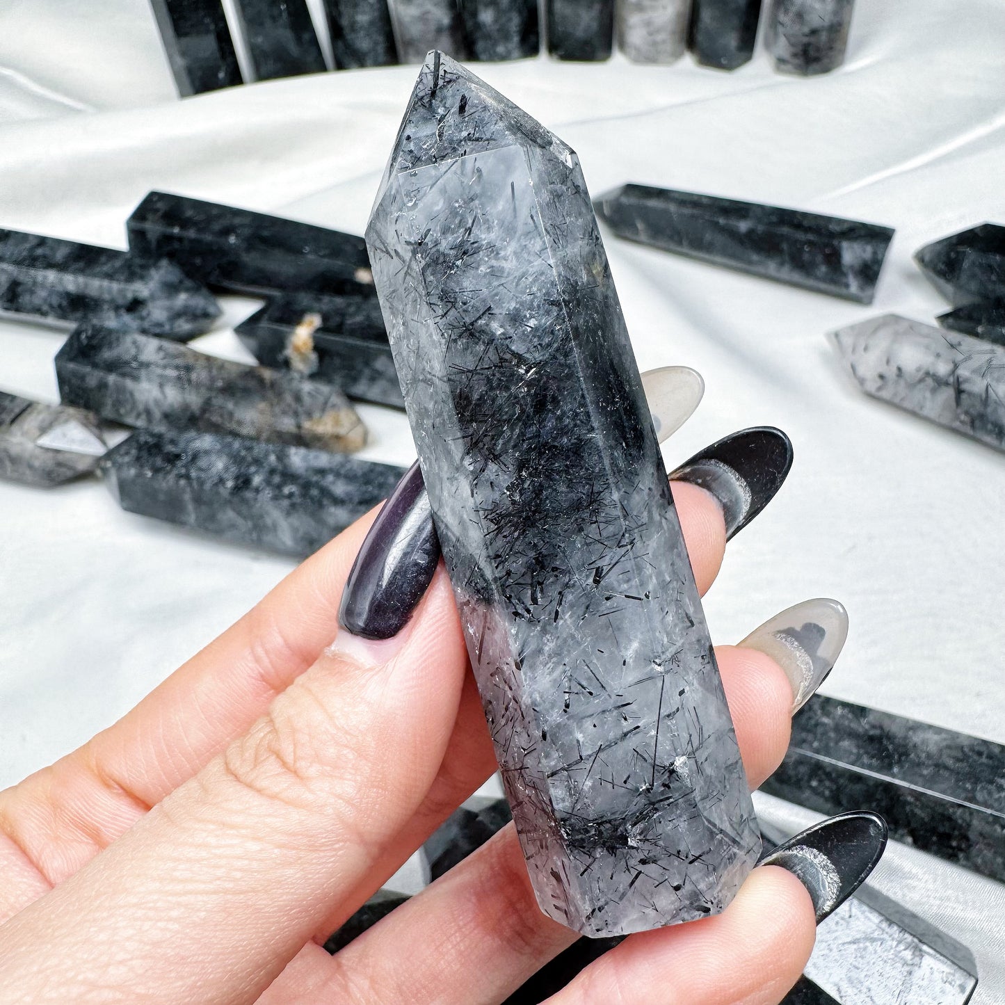 Natural Black hair crystal single pointed pillar Heal ing Gemstone Home Decor