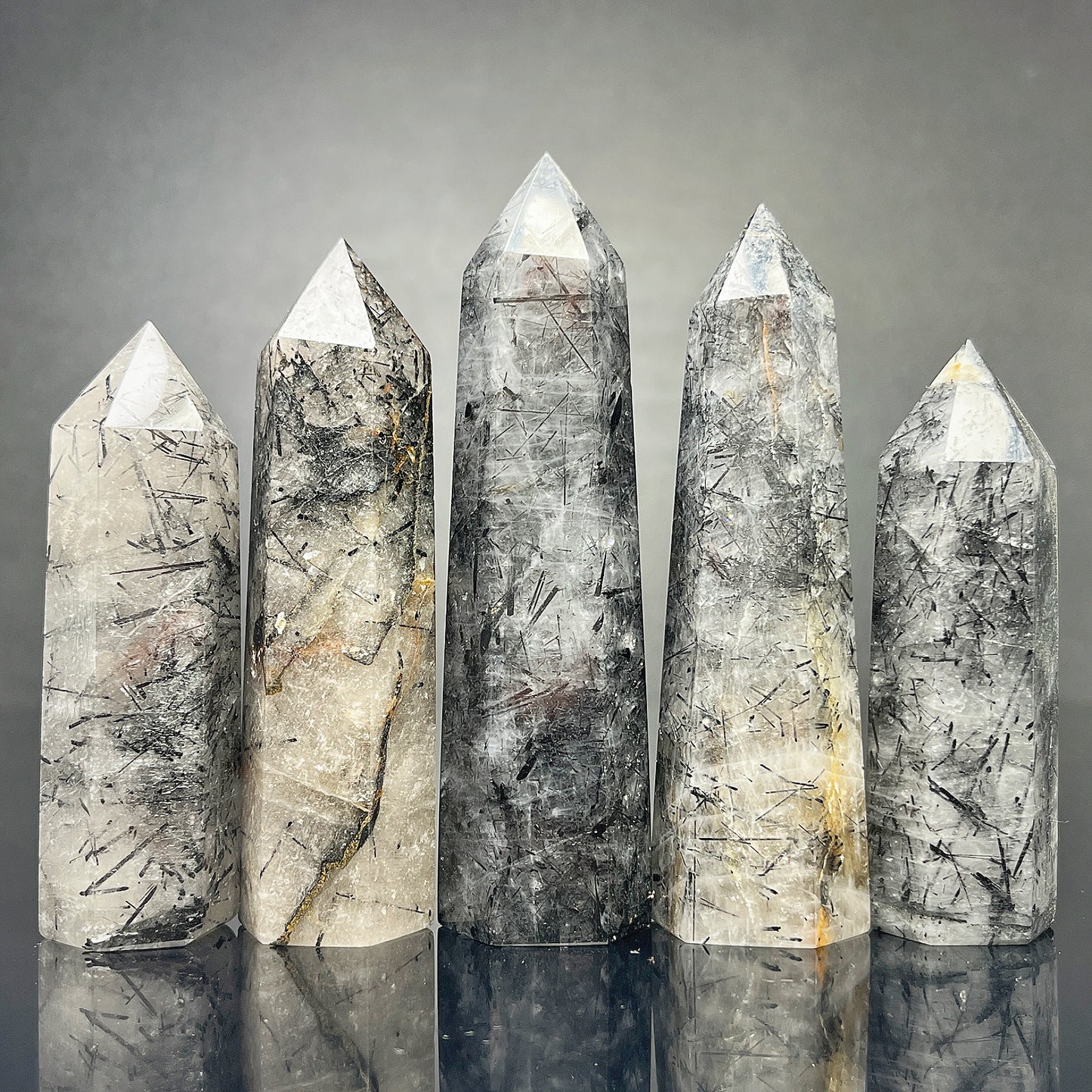Natural Black hair crystal single pointed pillar Heal ing Gemstone Home Decor