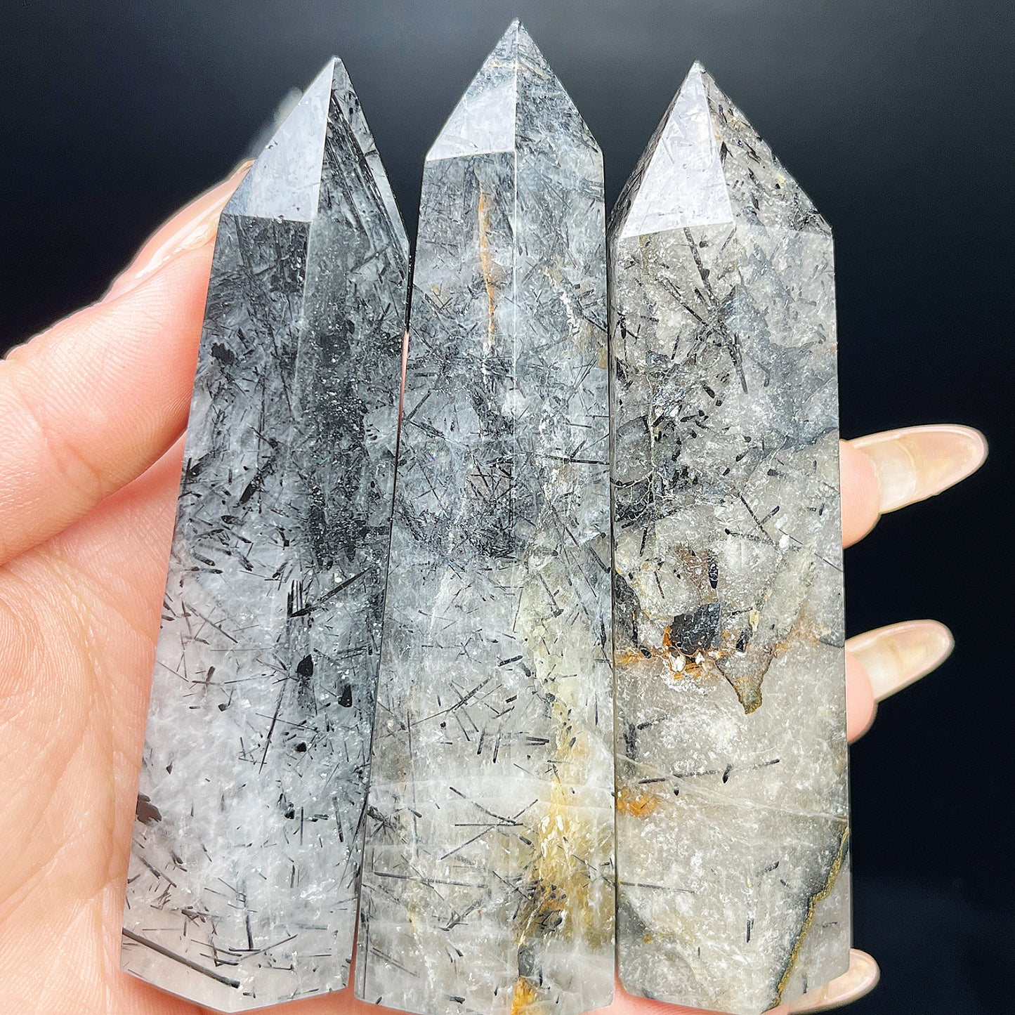 Natural Black hair crystal single pointed pillar Heal ing Gemstone Home Decor