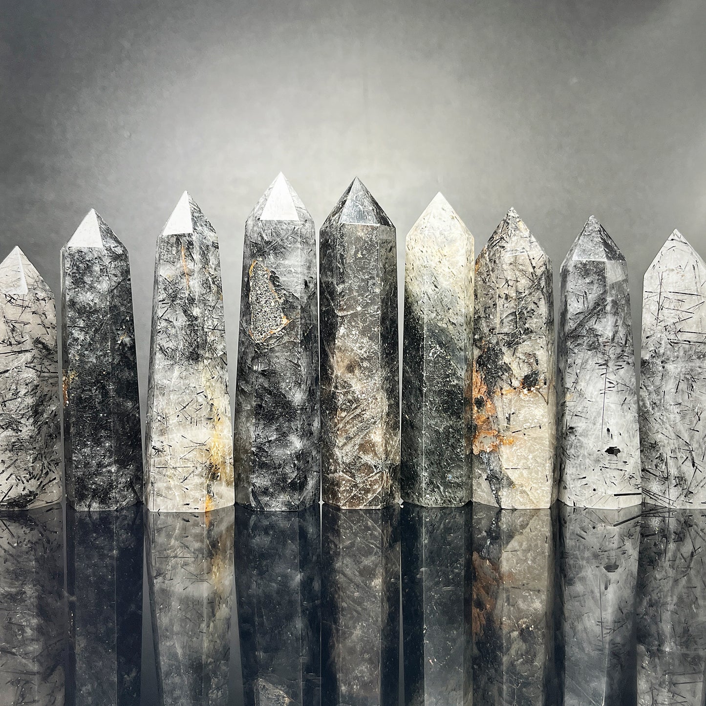 Natural Black hair crystal single pointed pillar Heal ing Gemstone Home Decor