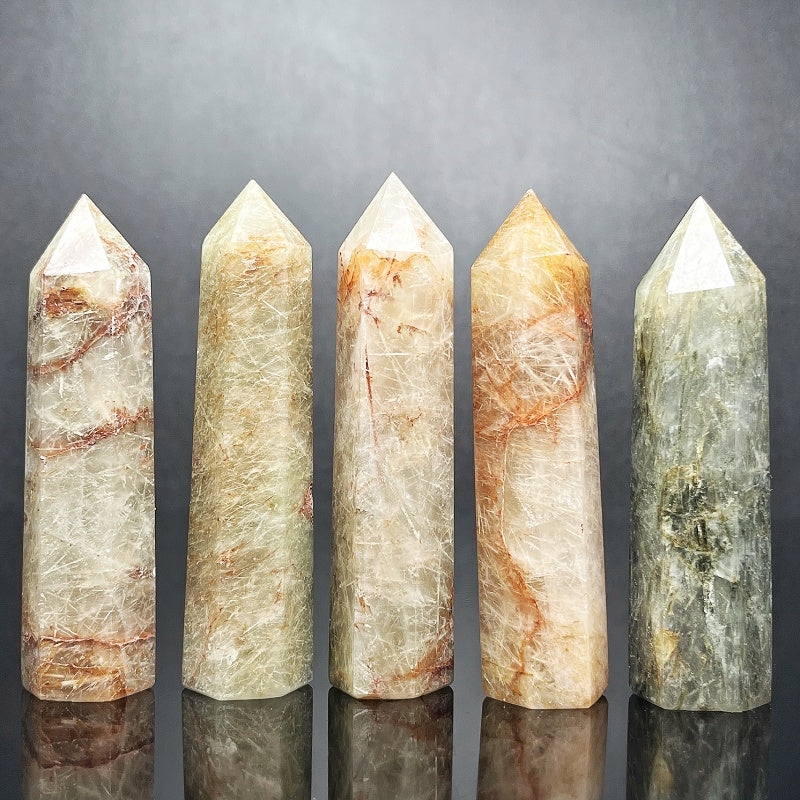 Natural Green hair crystal single pointed pillar  Heal ing Gemstone Home Decor