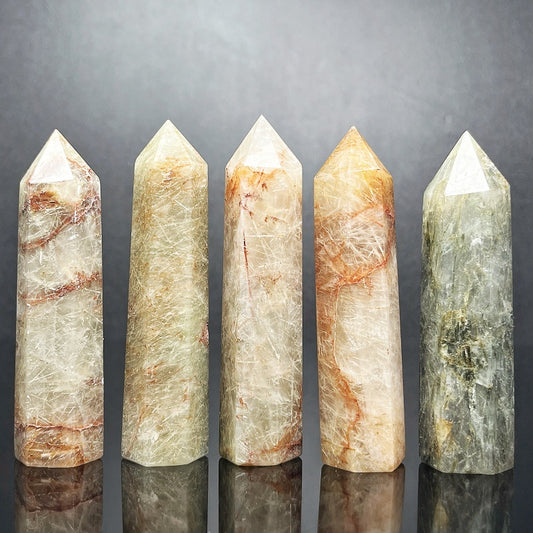 Natural Green hair crystal single pointed pillar  Heal ing Gemstone Home Decor
