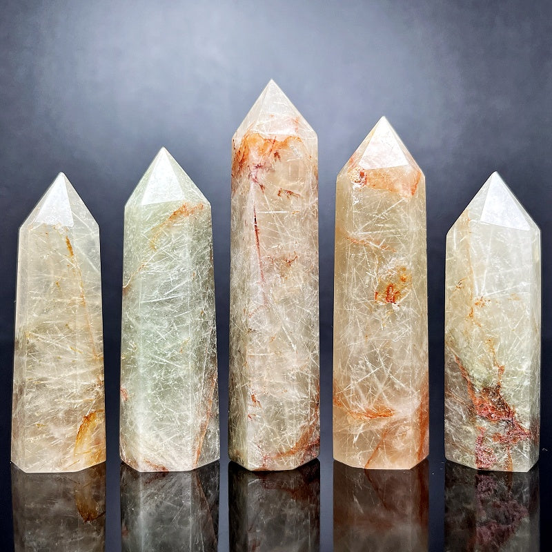 Natural Green hair crystal single pointed pillar  Heal ing Gemstone Home Decor