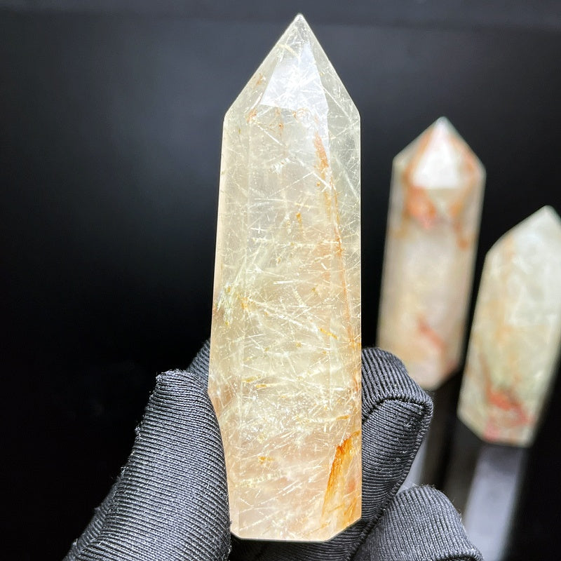 Natural Green hair crystal single pointed pillar  Heal ing Gemstone Home Decor