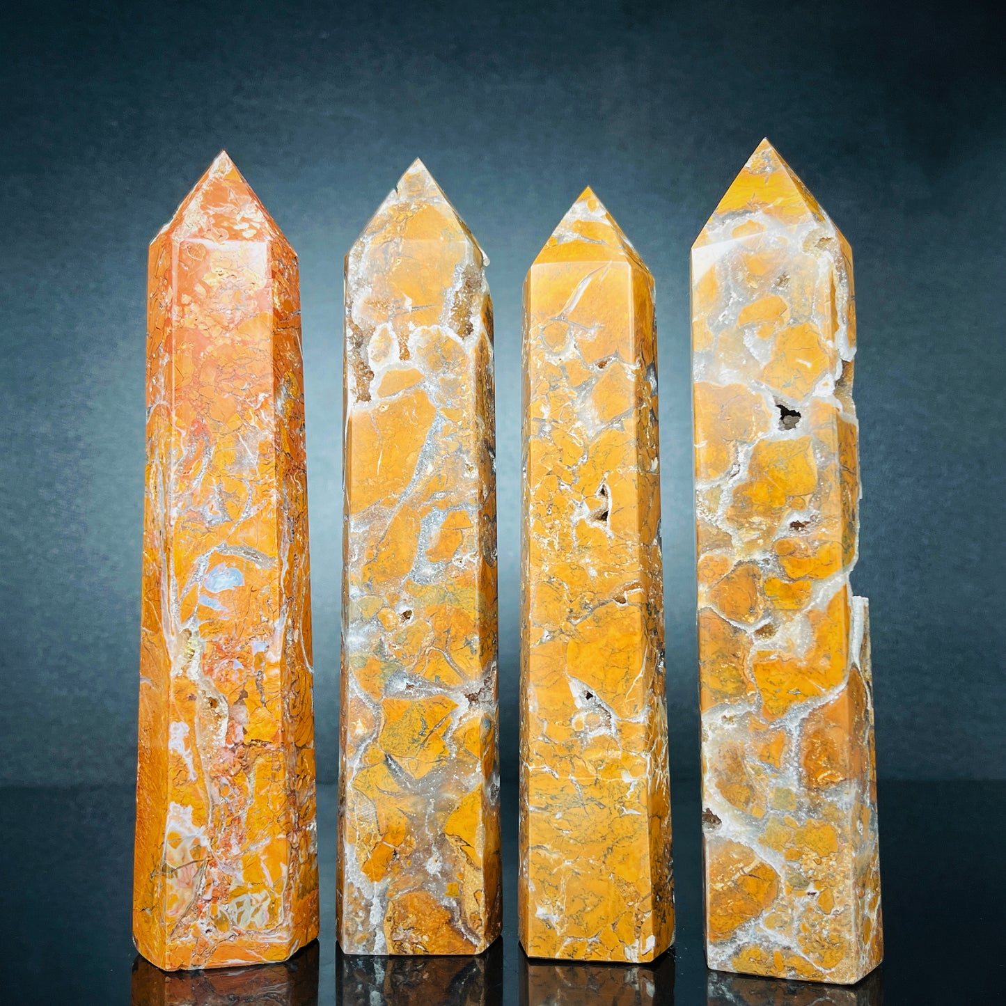 Natural Yellow cherry blossom agate single pointed pillar Heal ing Gemstone Home Decor